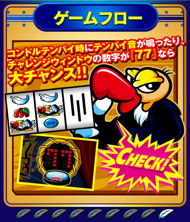 コンドルテンパイ時にテンパイ音が鳴ったり、チャレンジウィンドウの数字が「77」なら大チャンス!!